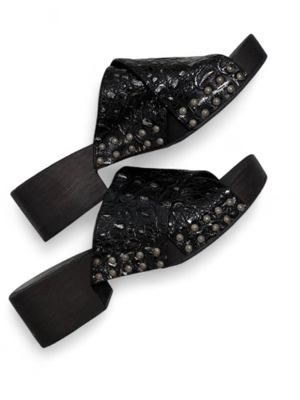 Free People Black Leather Croc Embossed Studded Platform Clog Mules Size 9 EU 40